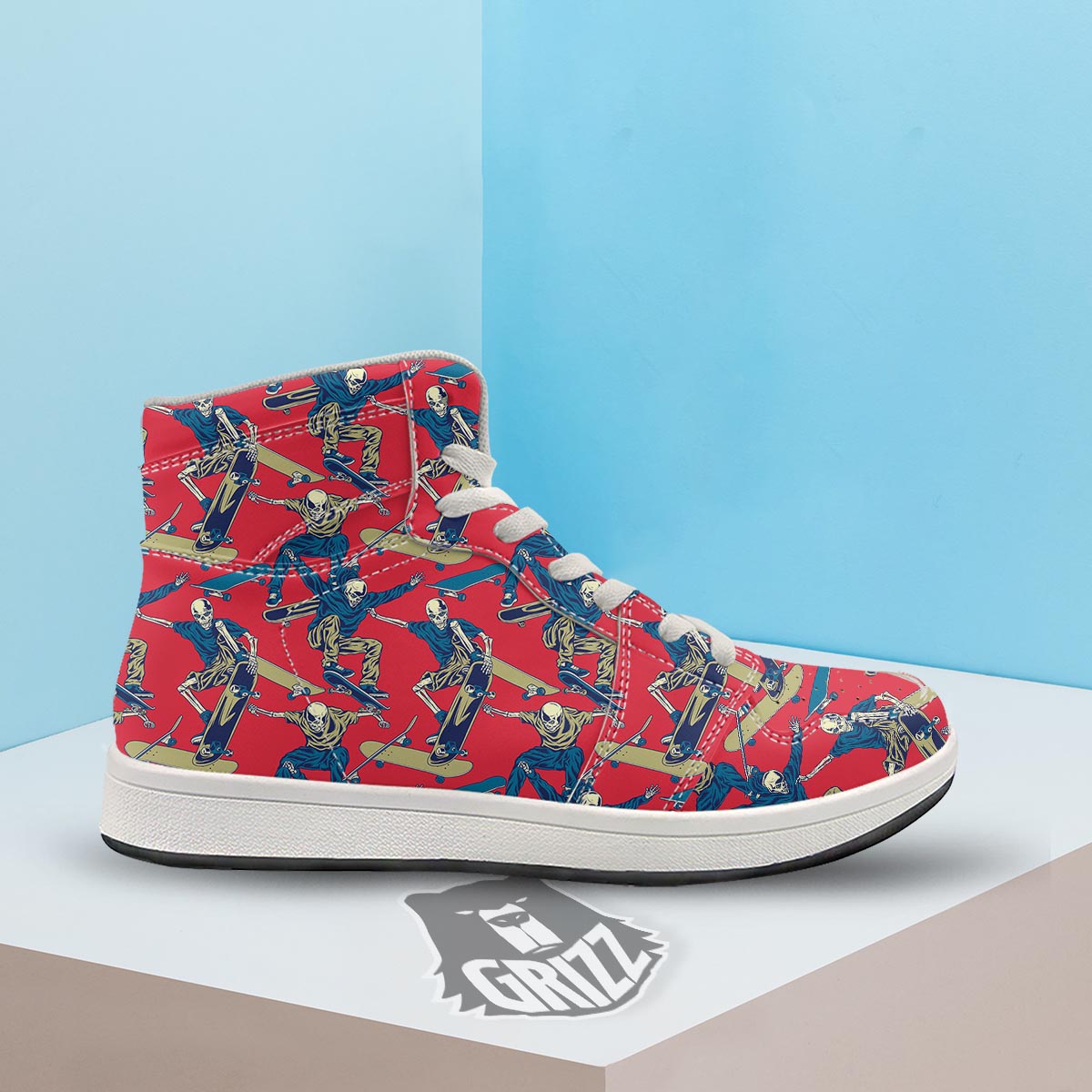 Skeleton Skateboarding Print Pattern High Top Sneakers-grizzshop