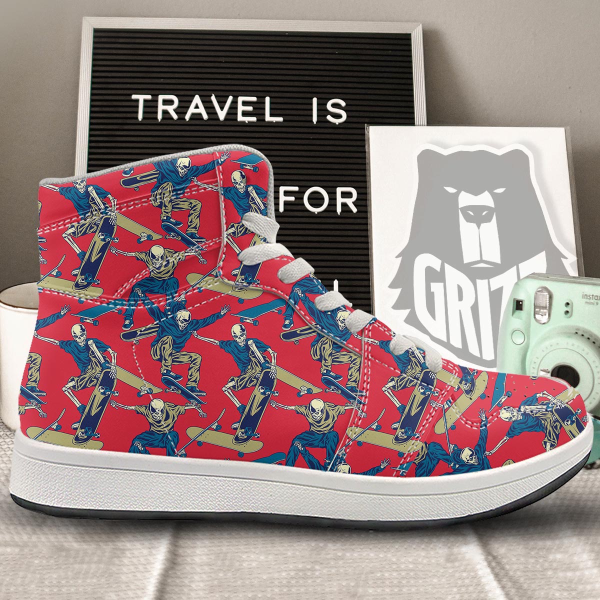 Skeleton Skateboarding Print Pattern High Top Sneakers-grizzshop