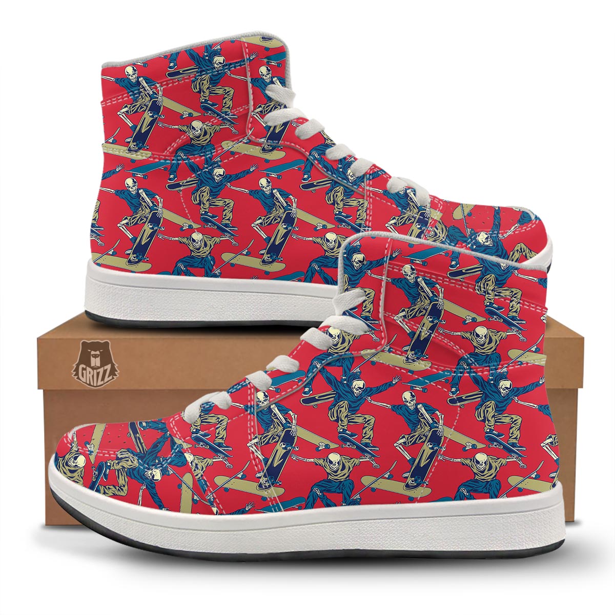 Skeleton Skateboarding Print Pattern High Top Sneakers-grizzshop