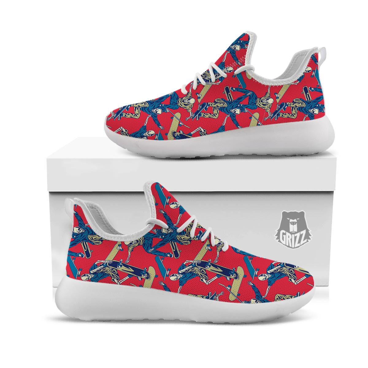 Skeleton Skateboarding Print Pattern White Athletic Shoes-grizzshop