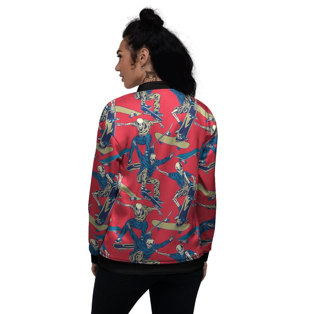Skeleton Skateboarding Print Pattern Women's Bomber Jacket-grizzshop