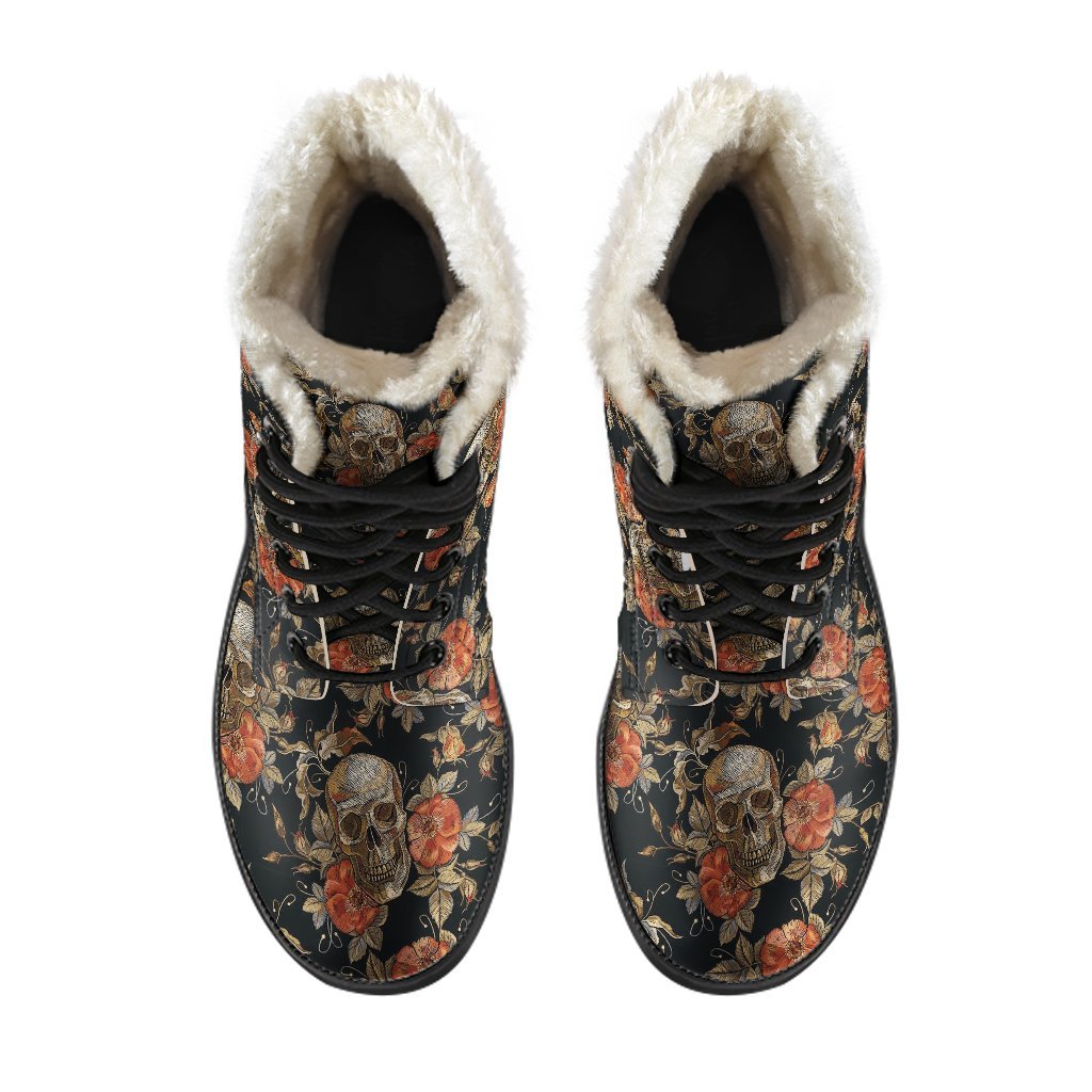 Skeleton Sugar Skull Girly Floral Rose Pattern Print Comfy Winter Boots-grizzshop
