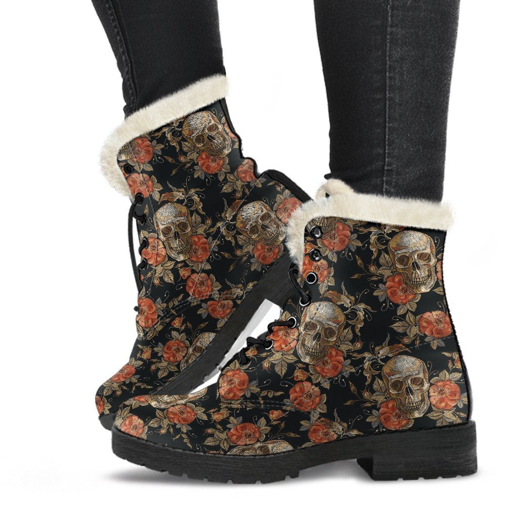 Skeleton Sugar Skull Girly Floral Rose Pattern Print Comfy Winter Boots-grizzshop
