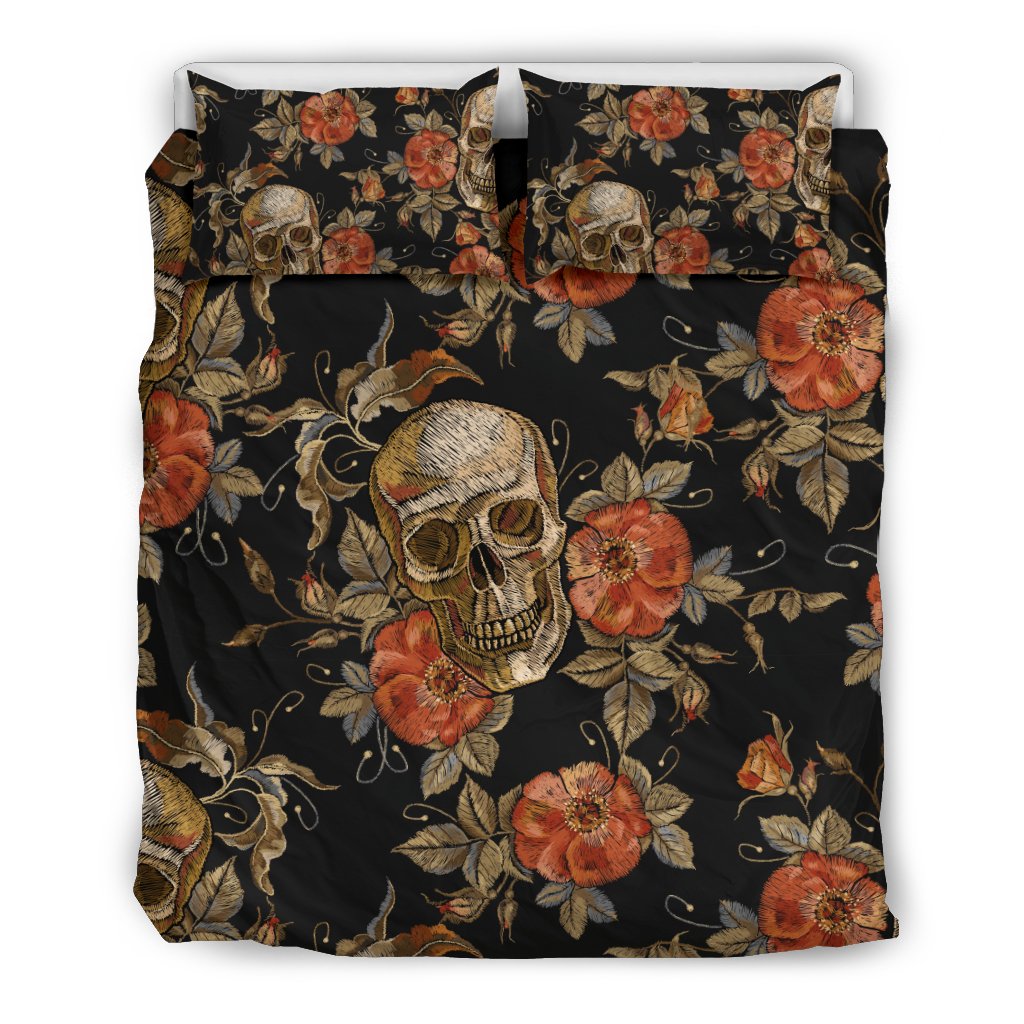 Skeleton Sugar Skull Girly Floral Rose Pattern Print Duvet Cover Bedding Set-grizzshop