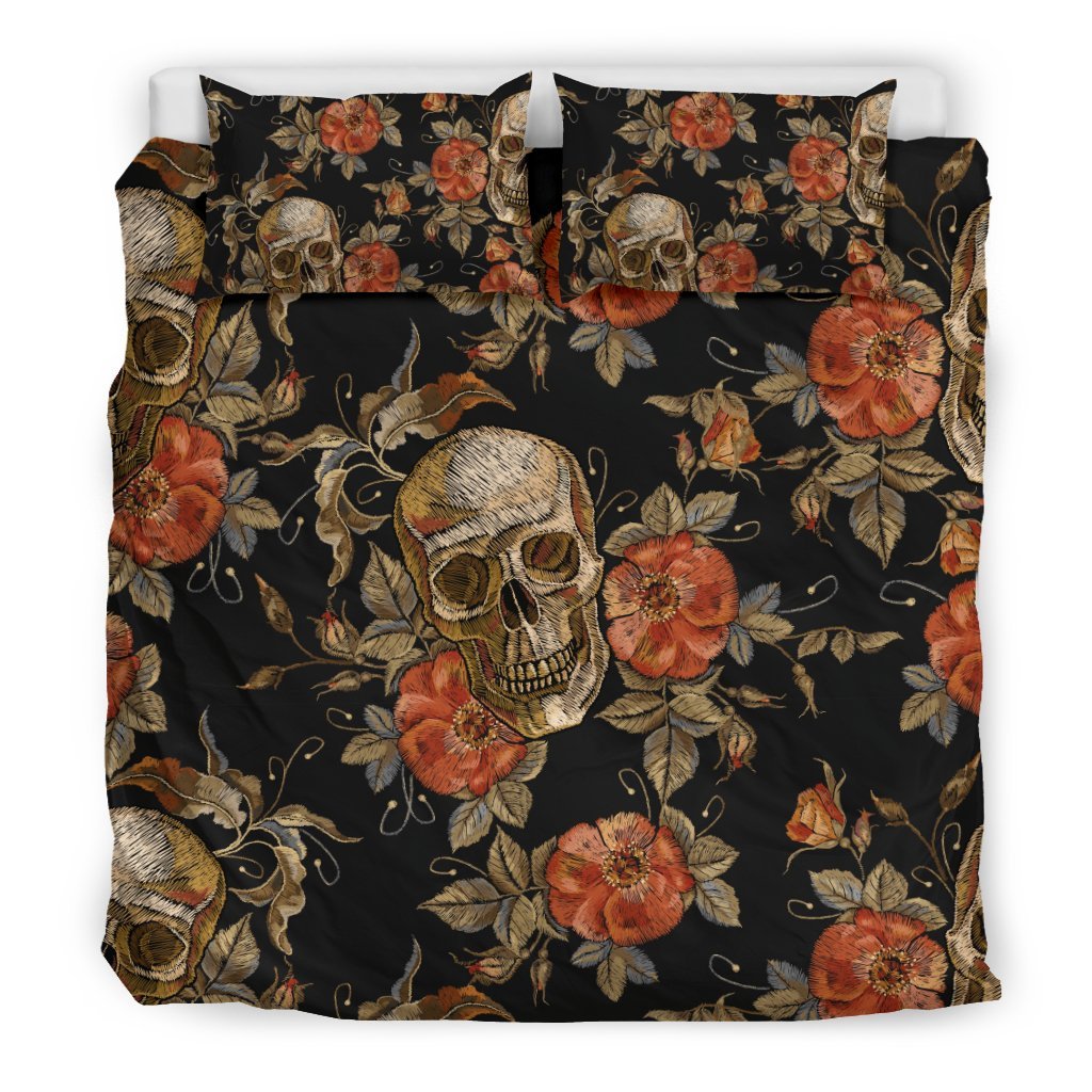 Skeleton Sugar Skull Girly Floral Rose Pattern Print Duvet Cover Bedding Set-grizzshop