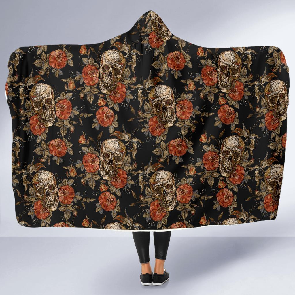 Skeleton Sugar Skull Girly Floral Rose Pattern Print Hooded Blanket-grizzshop