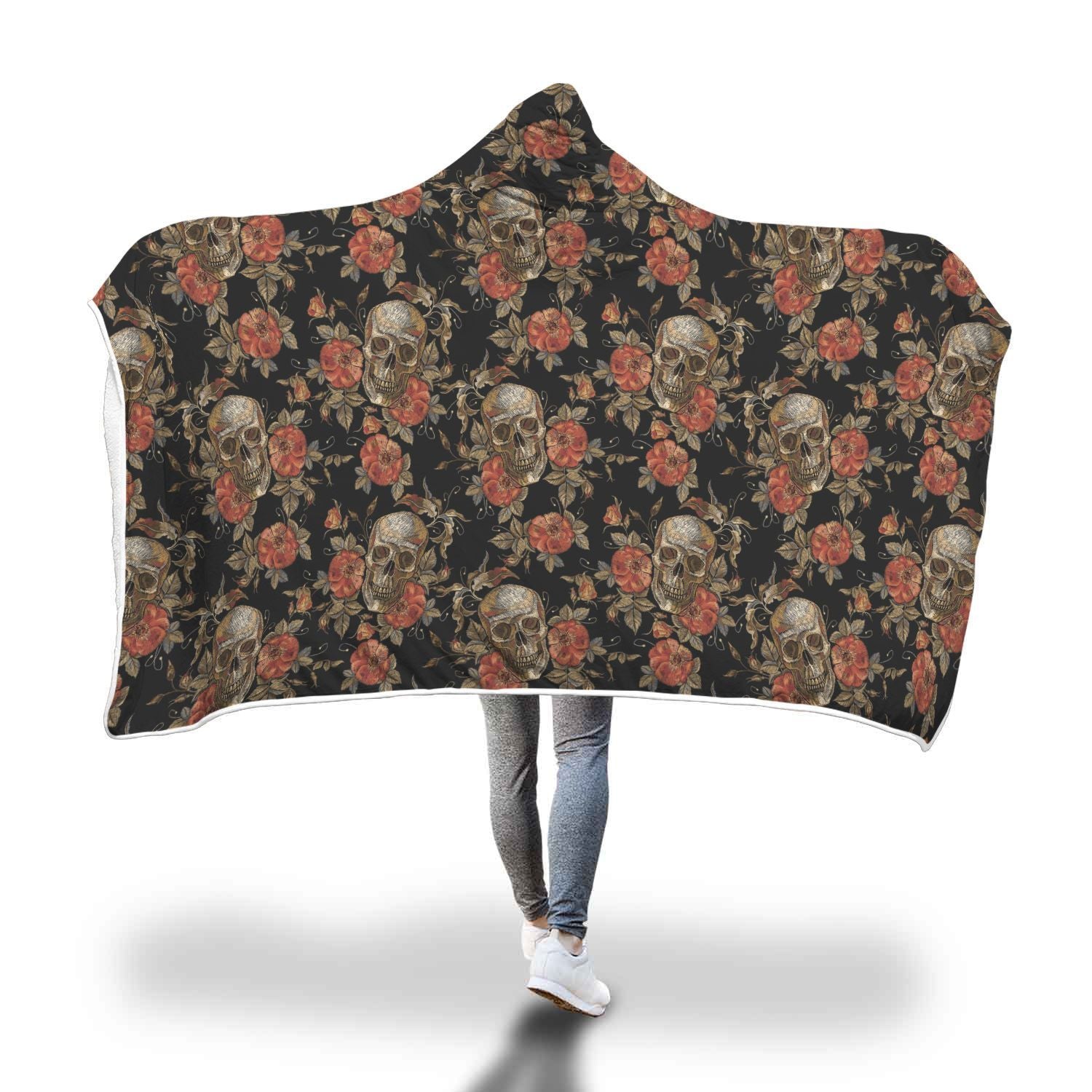Skeleton Sugar Skull Girly Floral Rose Pattern Print Hooded Blanket-grizzshop