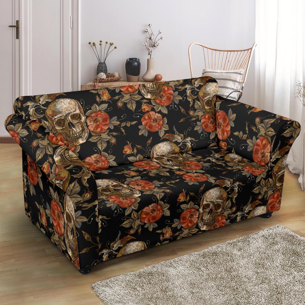 Skeleton Sugar Skull Girly Floral Rose Pattern Print Loveseat Cover-grizzshop