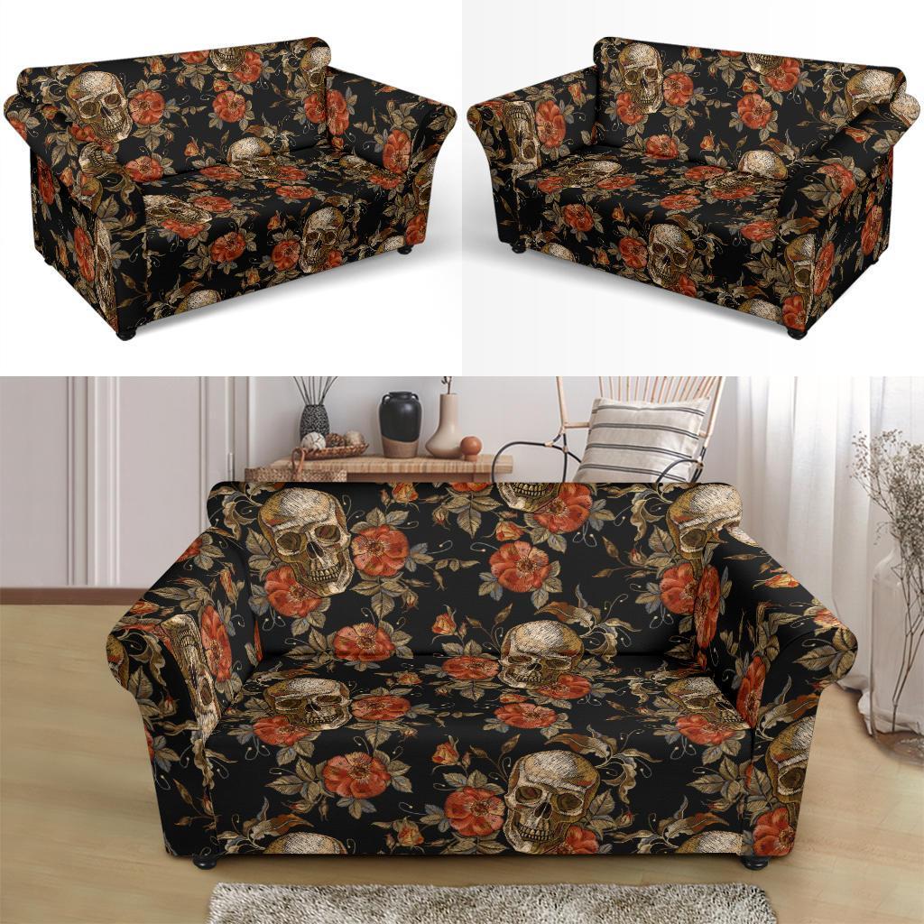 Skeleton Sugar Skull Girly Floral Rose Pattern Print Loveseat Cover-grizzshop