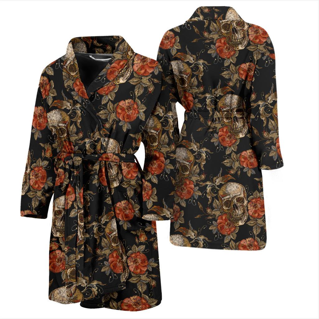 Skeleton Sugar Skull Girly Floral Rose Pattern Print Men Long Robe-grizzshop