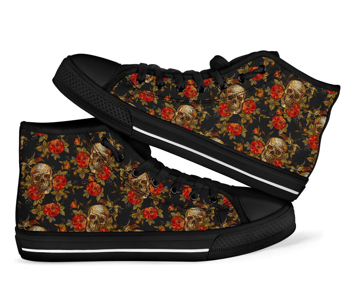 Skeleton Sugar Skull Girly Floral Rose Pattern Print Men Women's High Top Shoes-grizzshop