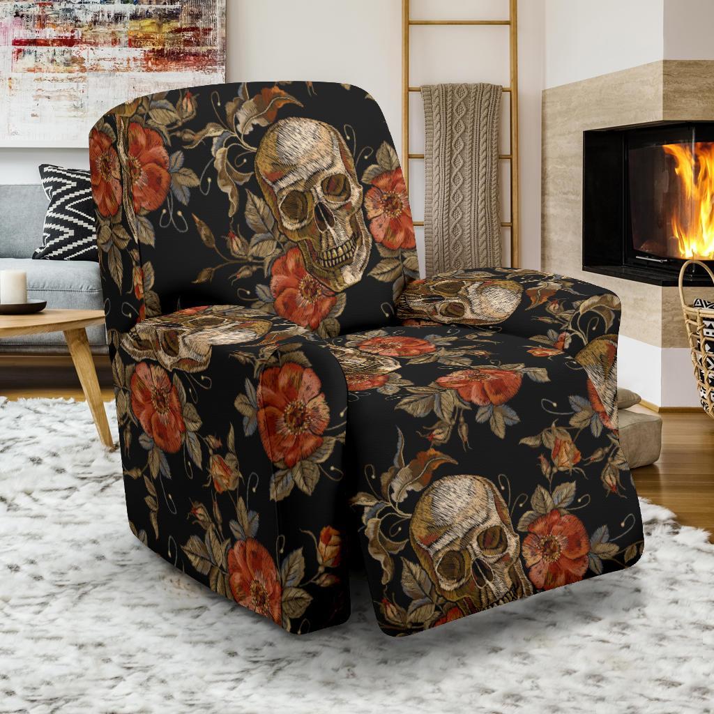 Skeleton Sugar Skull Girly Floral Rose Pattern Print Recliner Cover-grizzshop