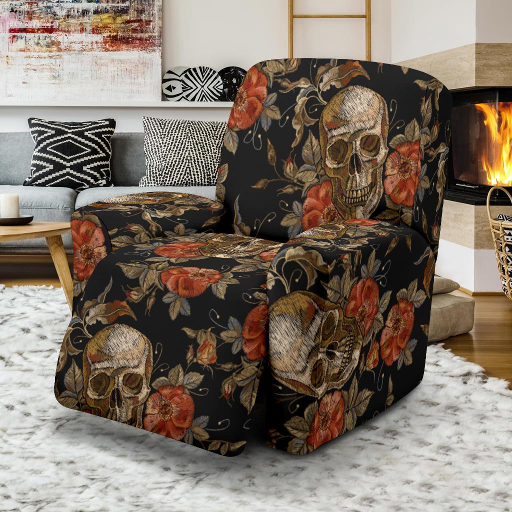 Skeleton Sugar Skull Girly Floral Rose Pattern Print Recliner Cover-grizzshop