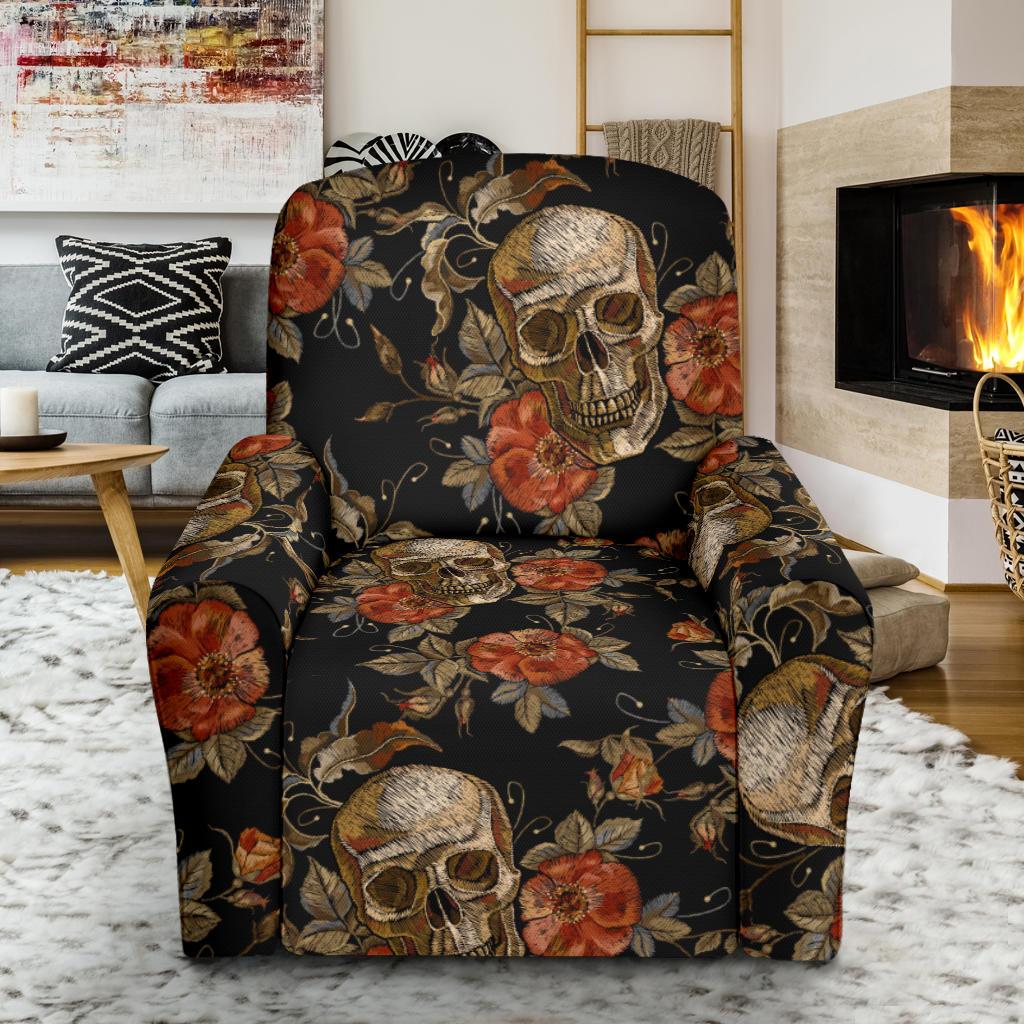 Skeleton Sugar Skull Girly Floral Rose Pattern Print Recliner Cover-grizzshop