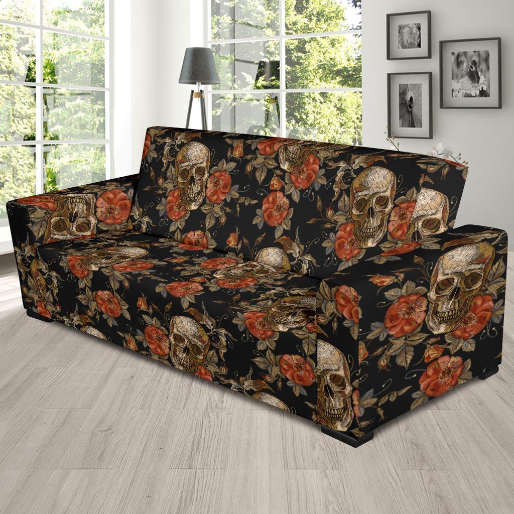 Skeleton Sugar Skull Girly Floral Rose Pattern Print Sofa Covers-grizzshop