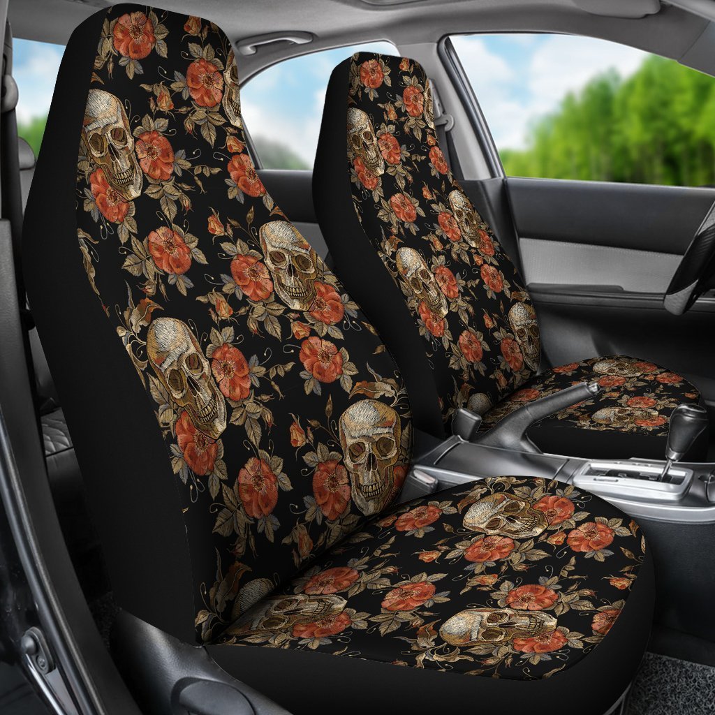 Skeleton Sugar Skull Girly Floral Rose Pattern Print Universal Fit Car Seat Cover-grizzshop