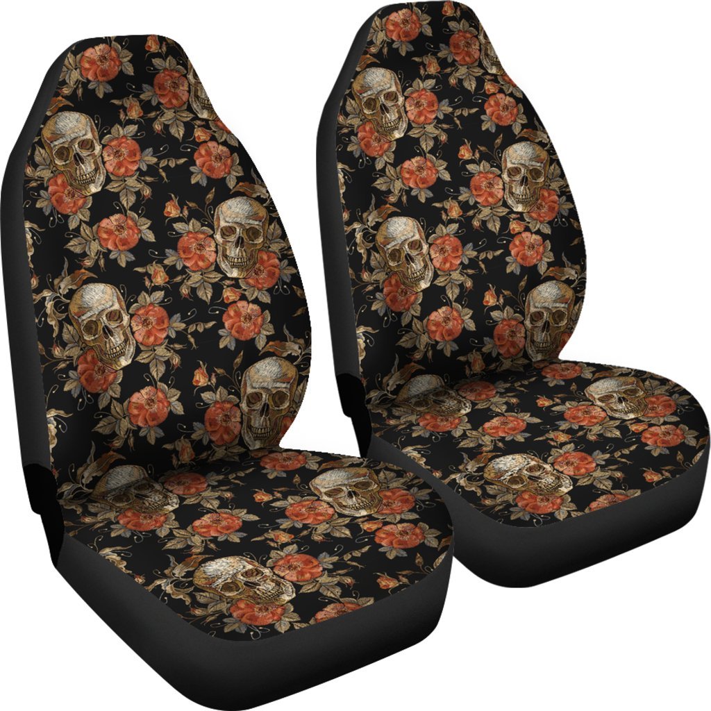 Skeleton Sugar Skull Girly Floral Rose Pattern Print Universal Fit Car Seat Cover-grizzshop
