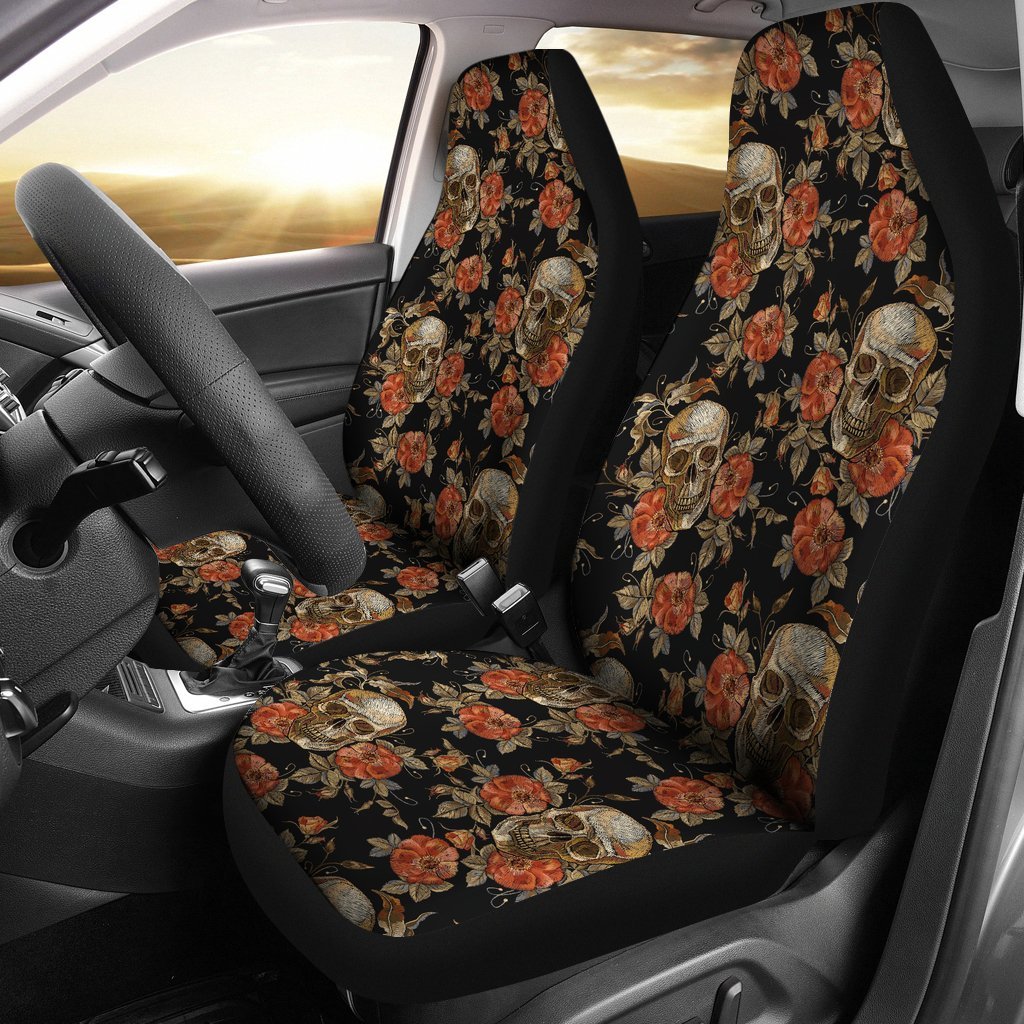 Skeleton Sugar Skull Girly Floral Rose Pattern Print Universal Fit Car Seat Cover-grizzshop