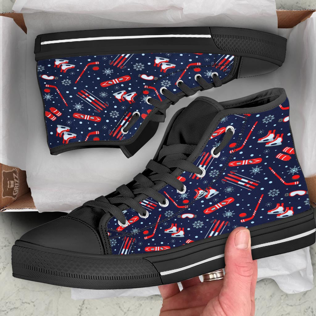 Skiing Equipment Print Pattern Black High Top Shoes-grizzshop
