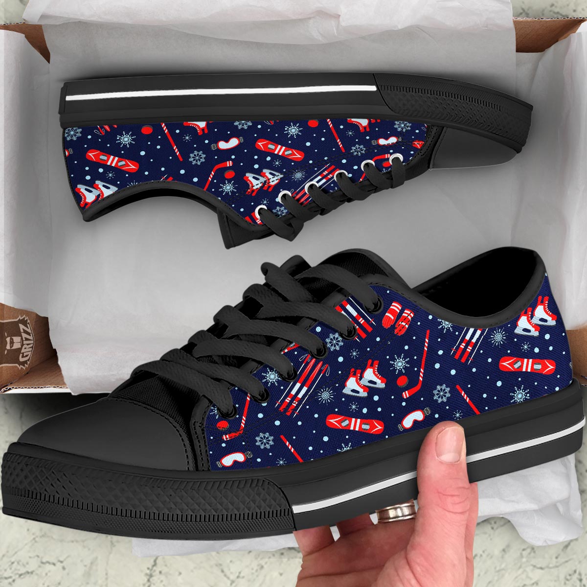 Skiing Equipment Print Pattern Black Low Top Shoes-grizzshop