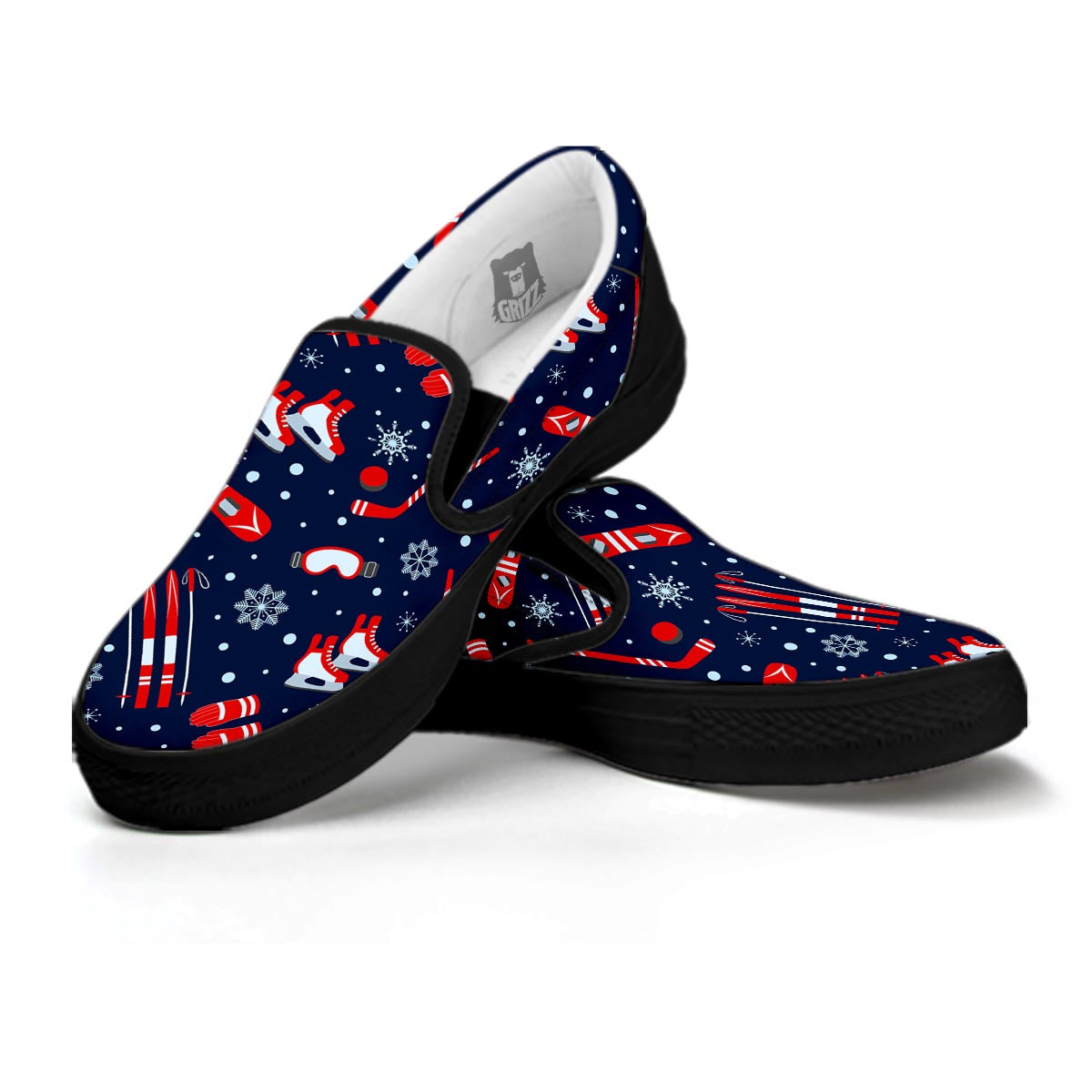 Skiing Equipment Print Pattern Black Slip On Shoes-grizzshop