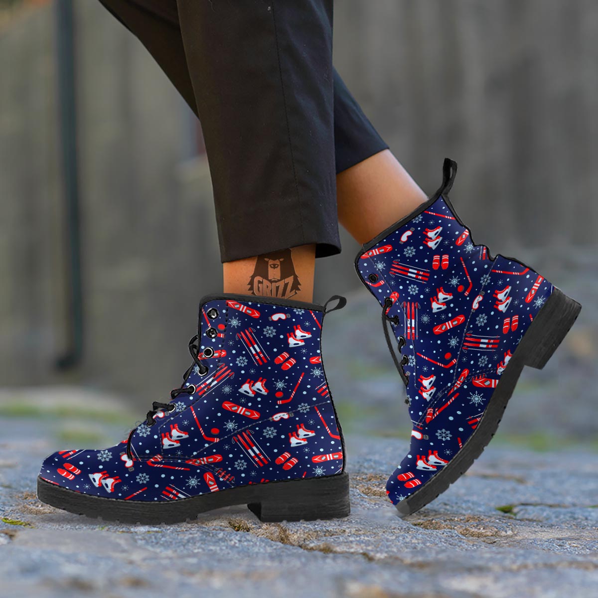 Skiing Equipment Print Pattern Leather Boots-grizzshop