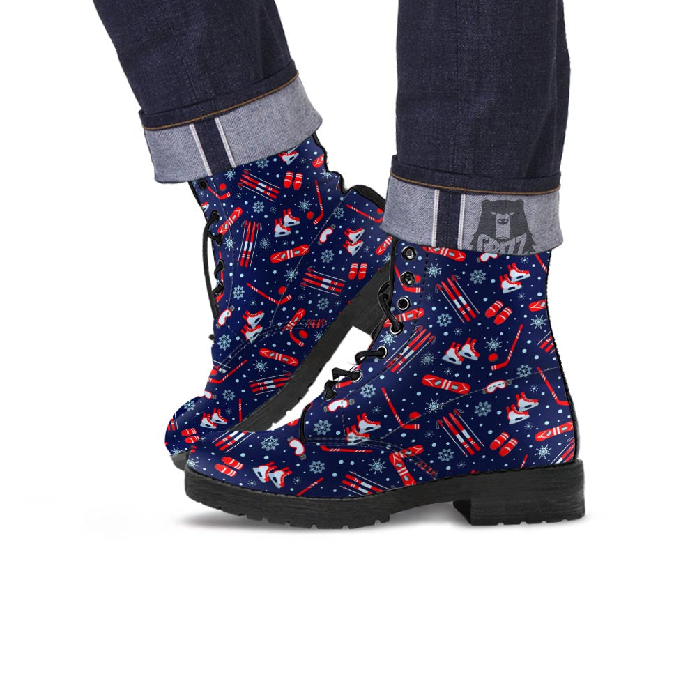 Skiing Equipment Print Pattern Leather Boots-grizzshop