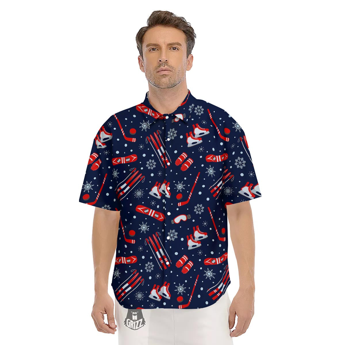 Skiing Equipment Print Pattern Men's Short Sleeve Shirts-grizzshop