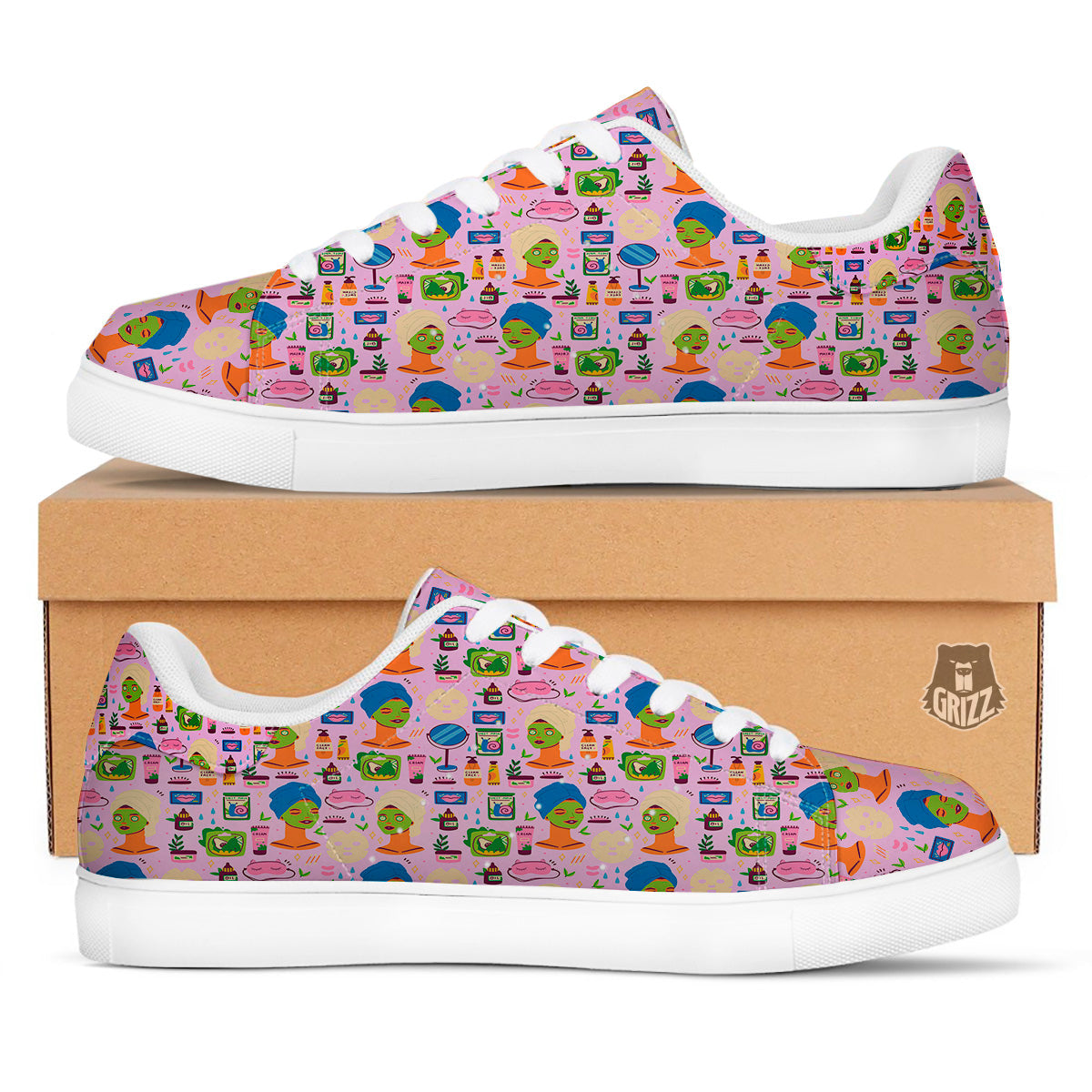 Skin Care And Face Care Print Pattern White Low Top Sneakers-grizzshop