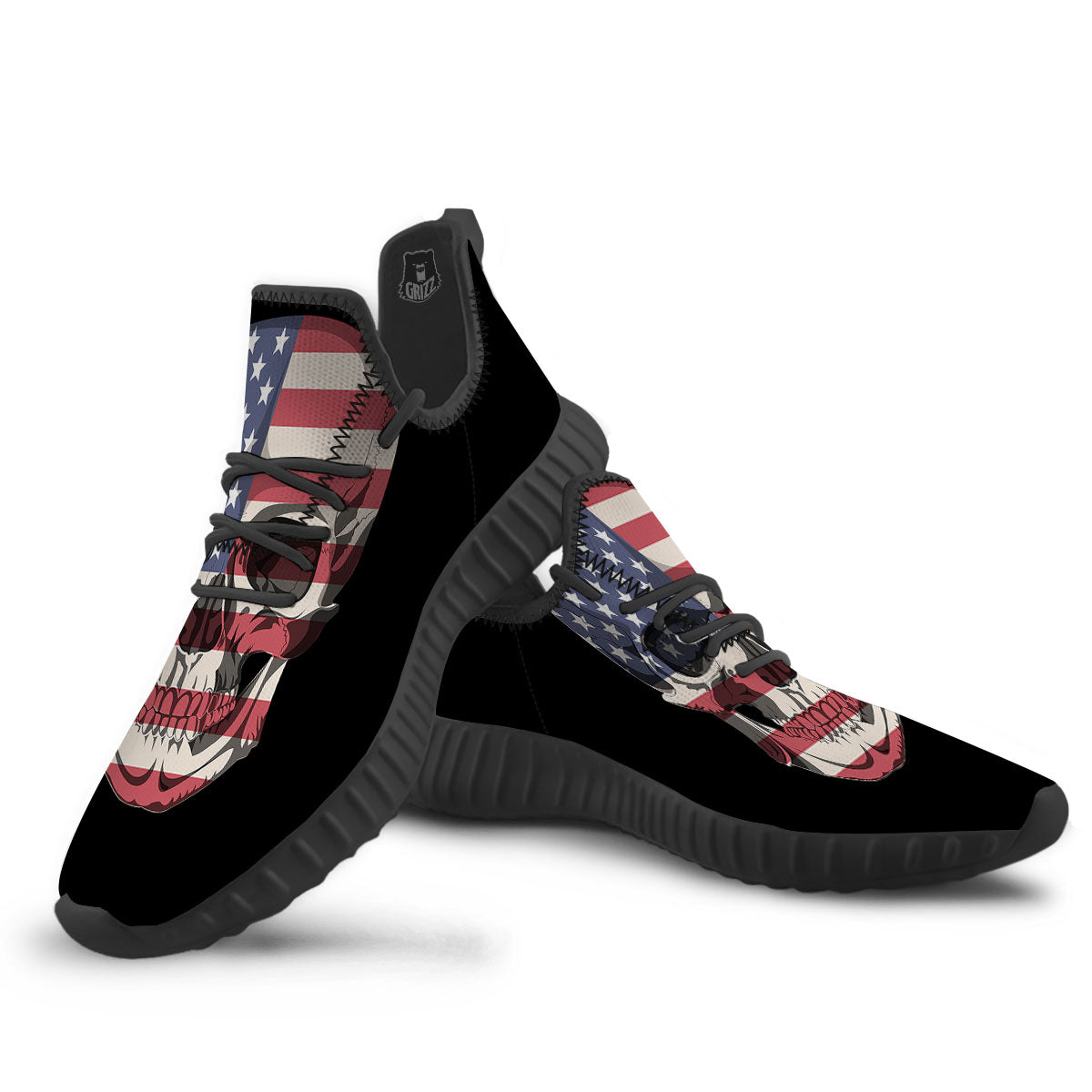 Skull American Flag Print Black Walking Shoes-grizzshop