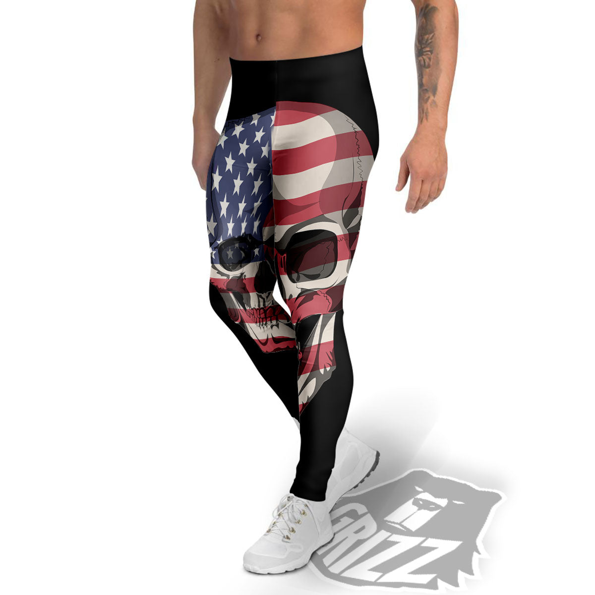 Skull American Flag Print Men's Leggings-grizzshop