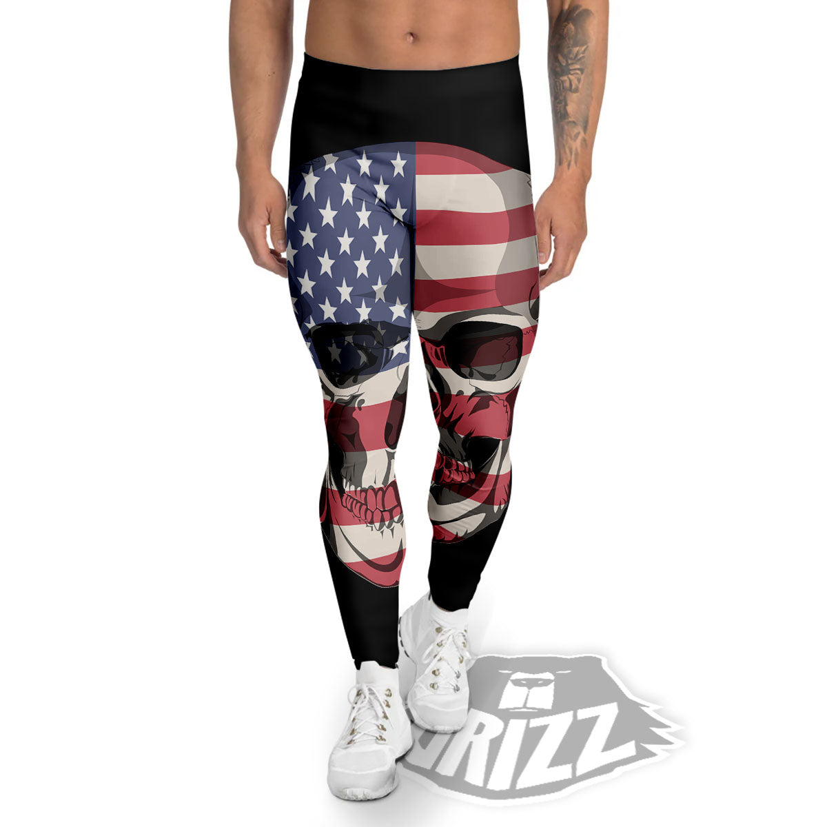 Skull American Flag Print Men's Leggings-grizzshop