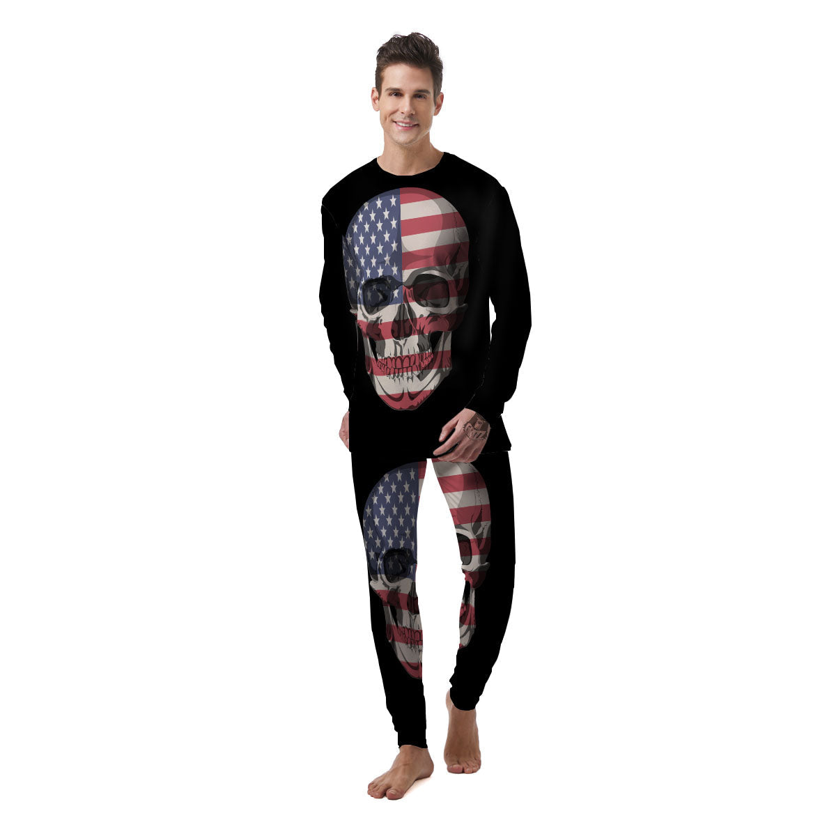 Skull American Flag Print Men's Pajamas-grizzshop