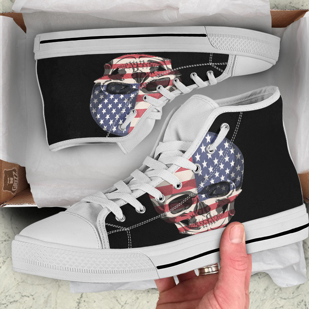 Skull American Flag Print White High Top Shoes-grizzshop