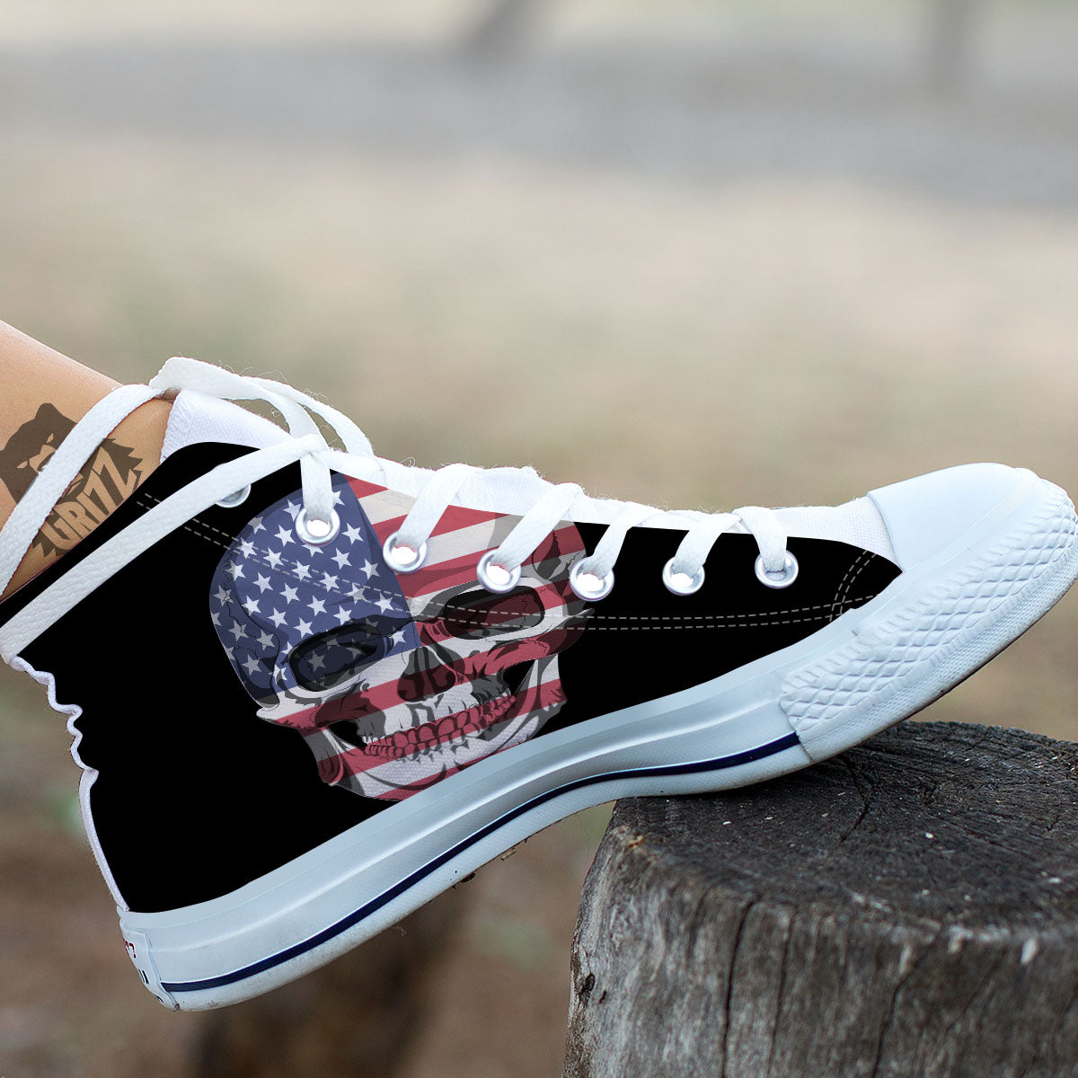 Skull American Flag Print White High Top Shoes-grizzshop
