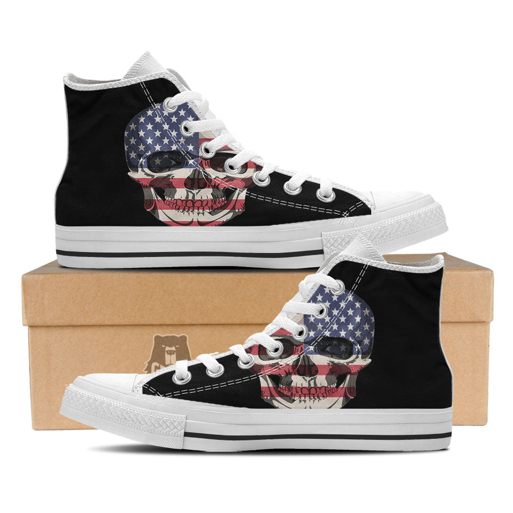 Skull American Flag Print White High Top Shoes-grizzshop