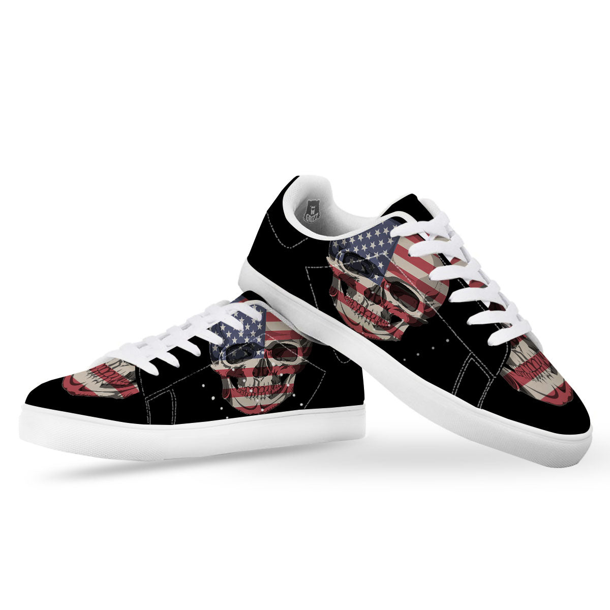 Skull American Flag Print White Low Top Sneakers-grizzshop