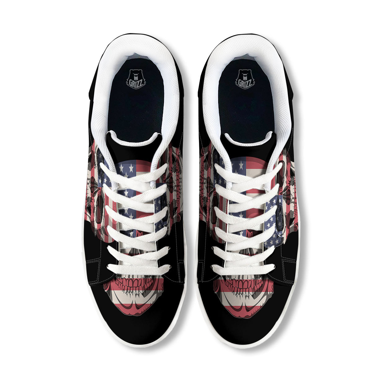 Skull American Flag Print White Low Top Sneakers-grizzshop