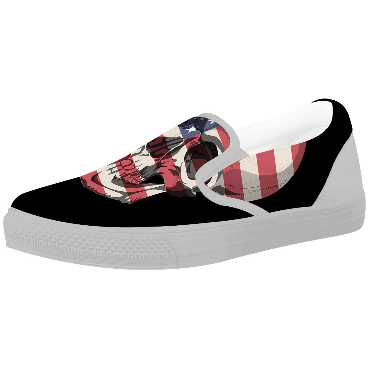 Skull American Flag Print White Slip On Shoes-grizzshop