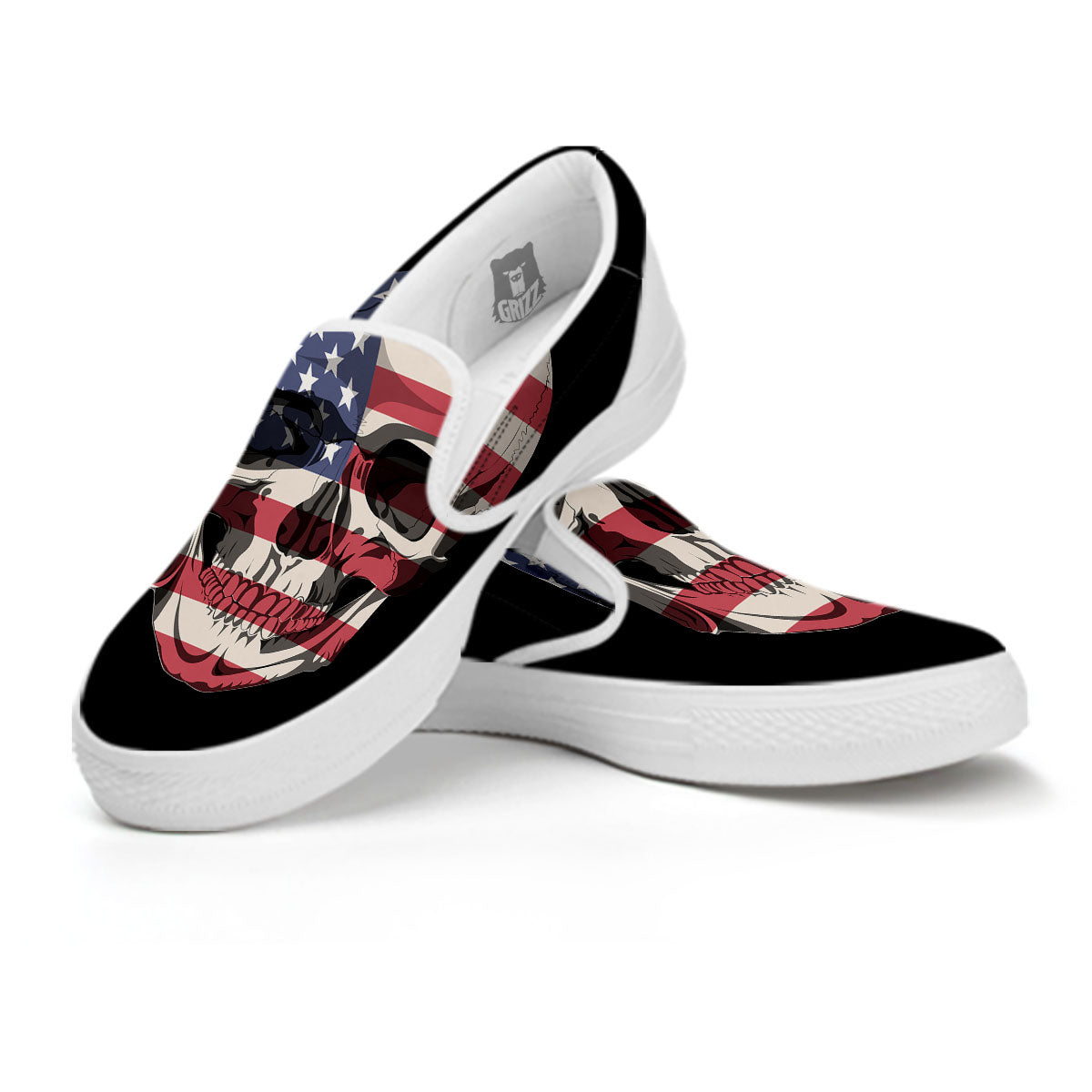Skull American Flag Print White Slip On Shoes-grizzshop