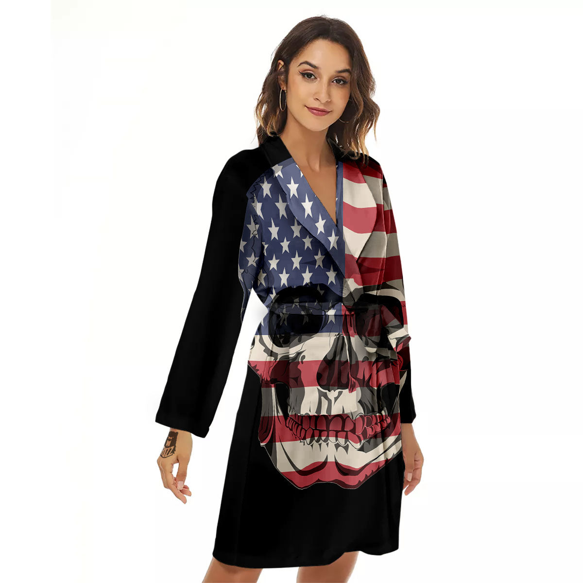 Skull American Flag Print Women's Robe-grizzshop