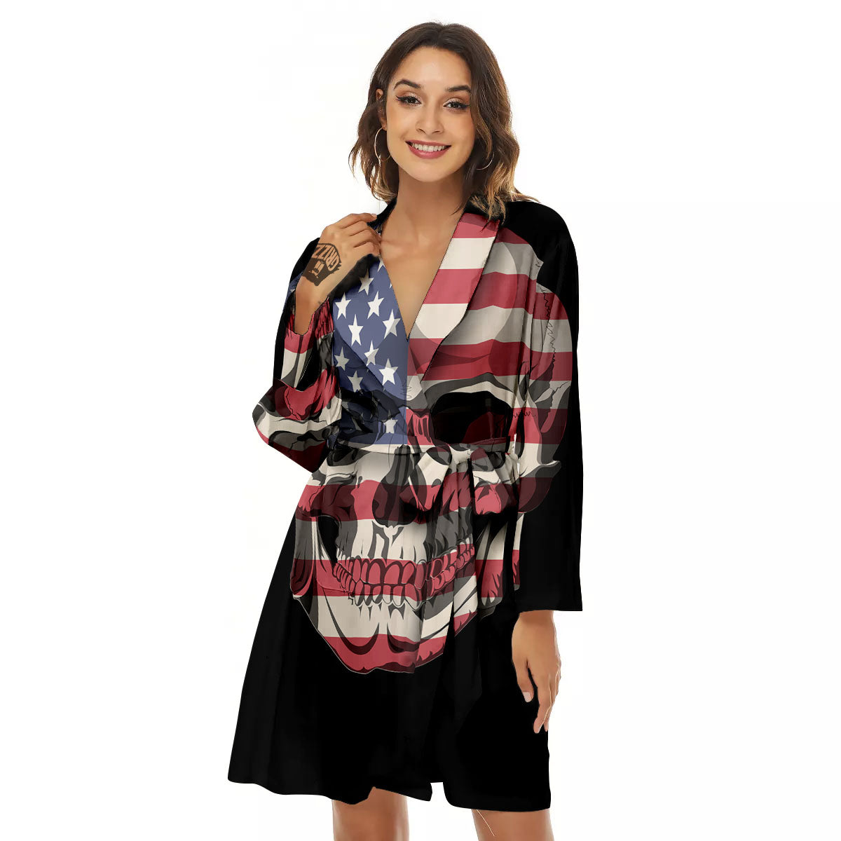 Skull American Flag Print Women's Robe-grizzshop