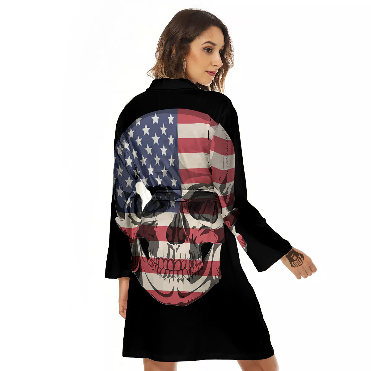 Skull American Flag Print Women's Robe-grizzshop