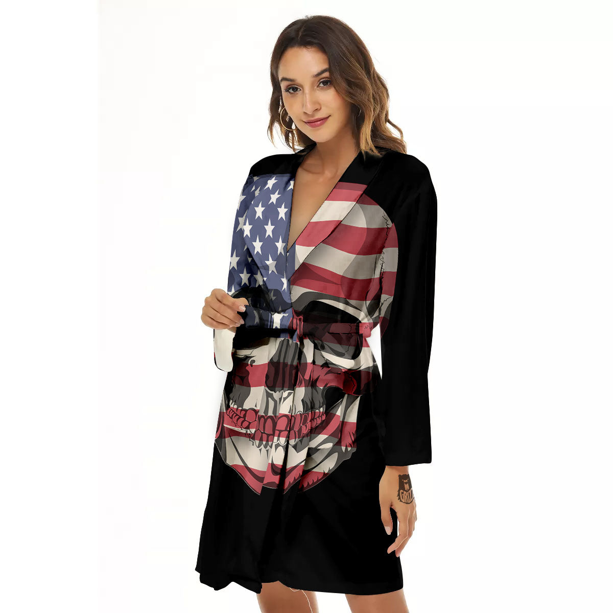 Skull American Flag Print Women's Robe-grizzshop