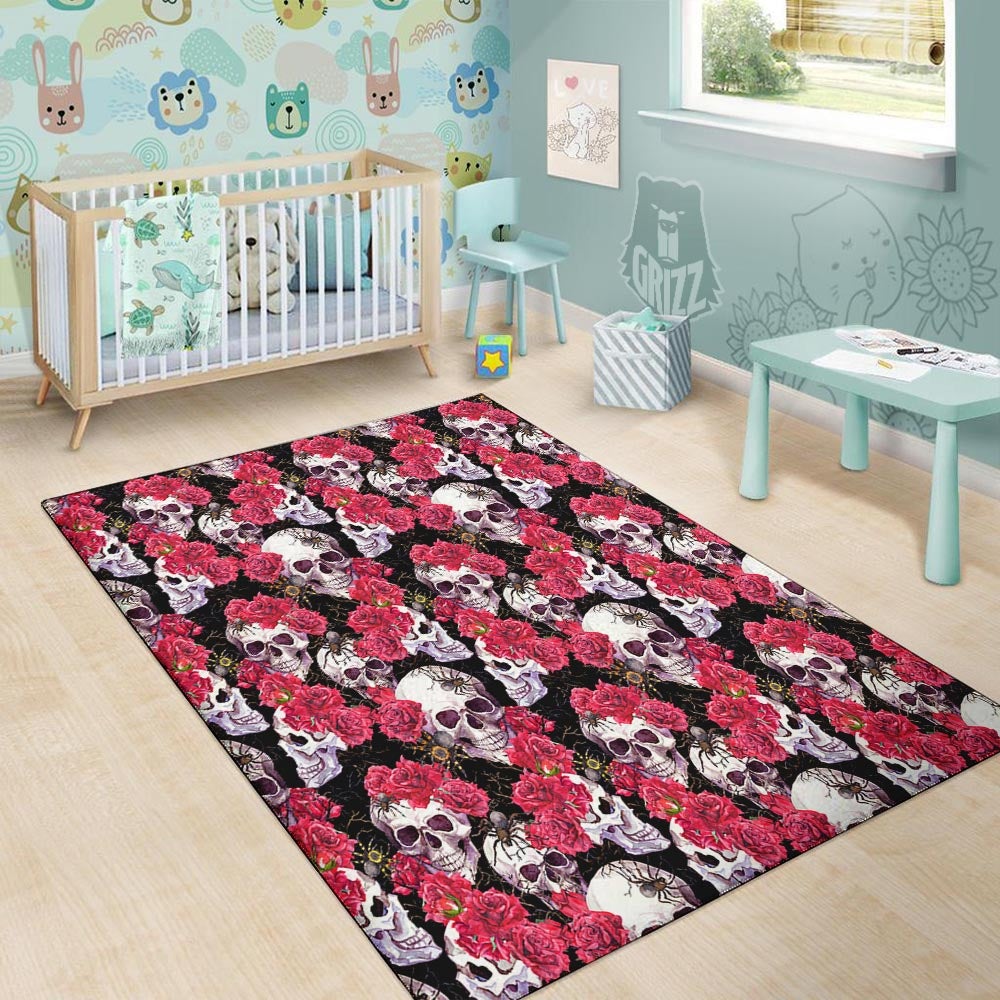 Skull And Rose Print Pattern Floor Mat-grizzshop