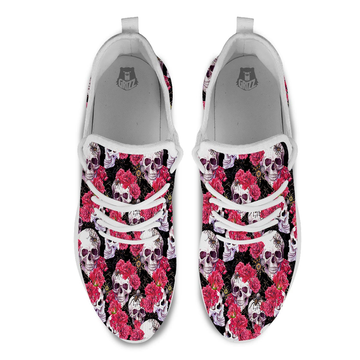 Skull And Rose Print Pattern White Athletic Shoes-grizzshop