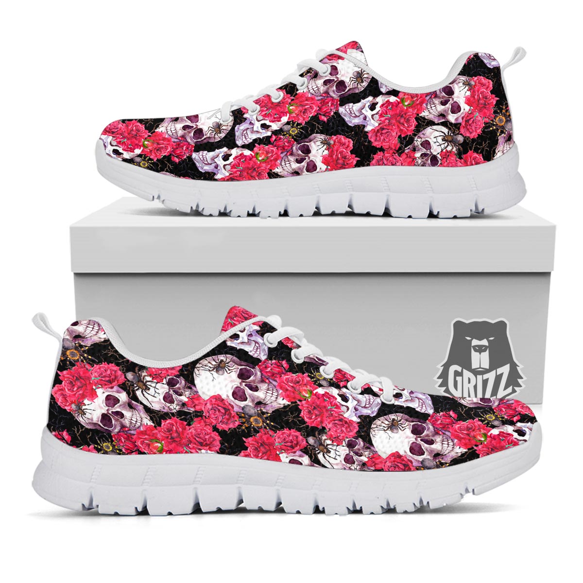 Skull And Rose Print Pattern White Sneaker-grizzshop