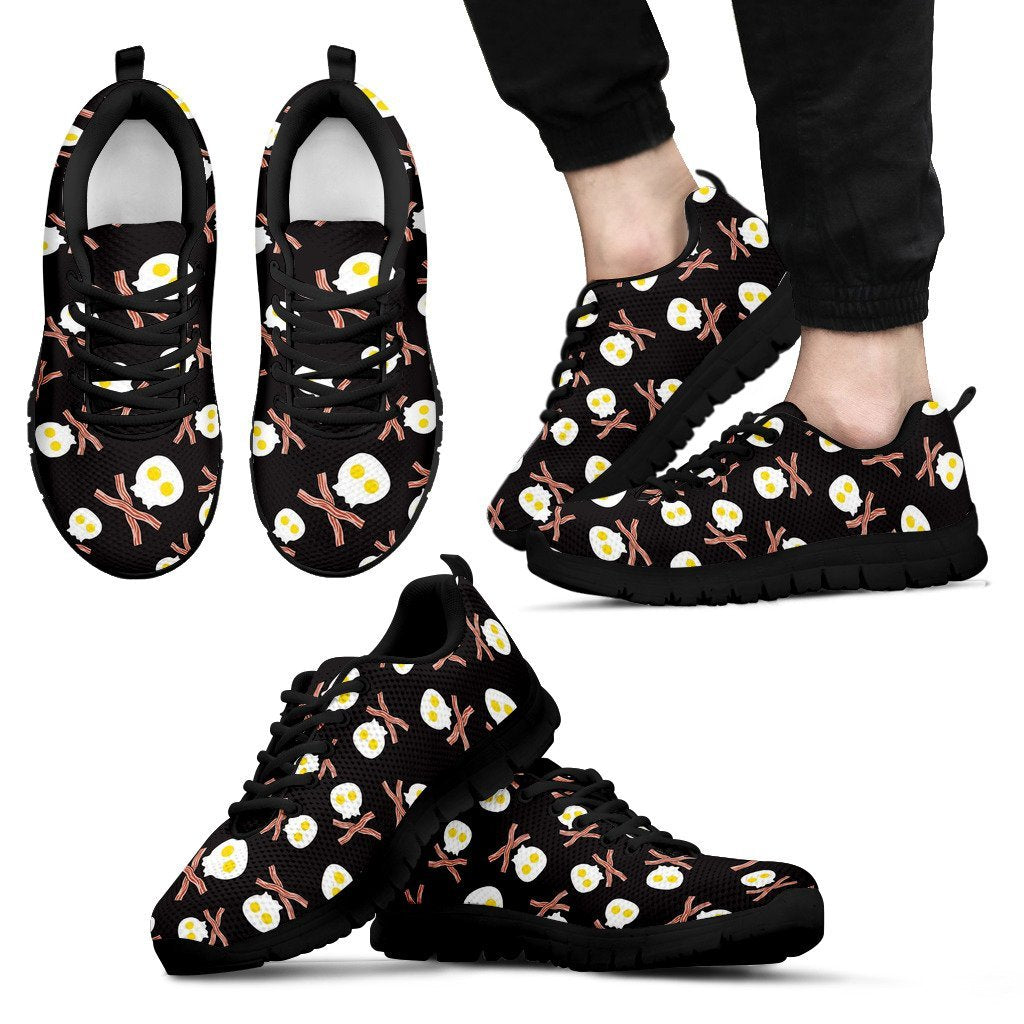 Skull Bacon Egg Pattern Print Black Sneaker Shoes For Men Women-grizzshop