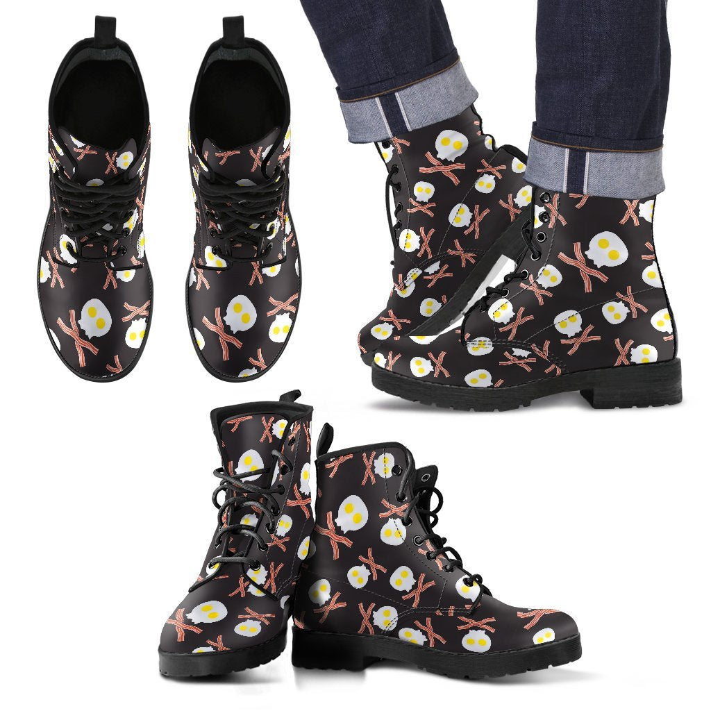 Skull Bacon Egg Pattern Print Men Women Leather Boots-grizzshop