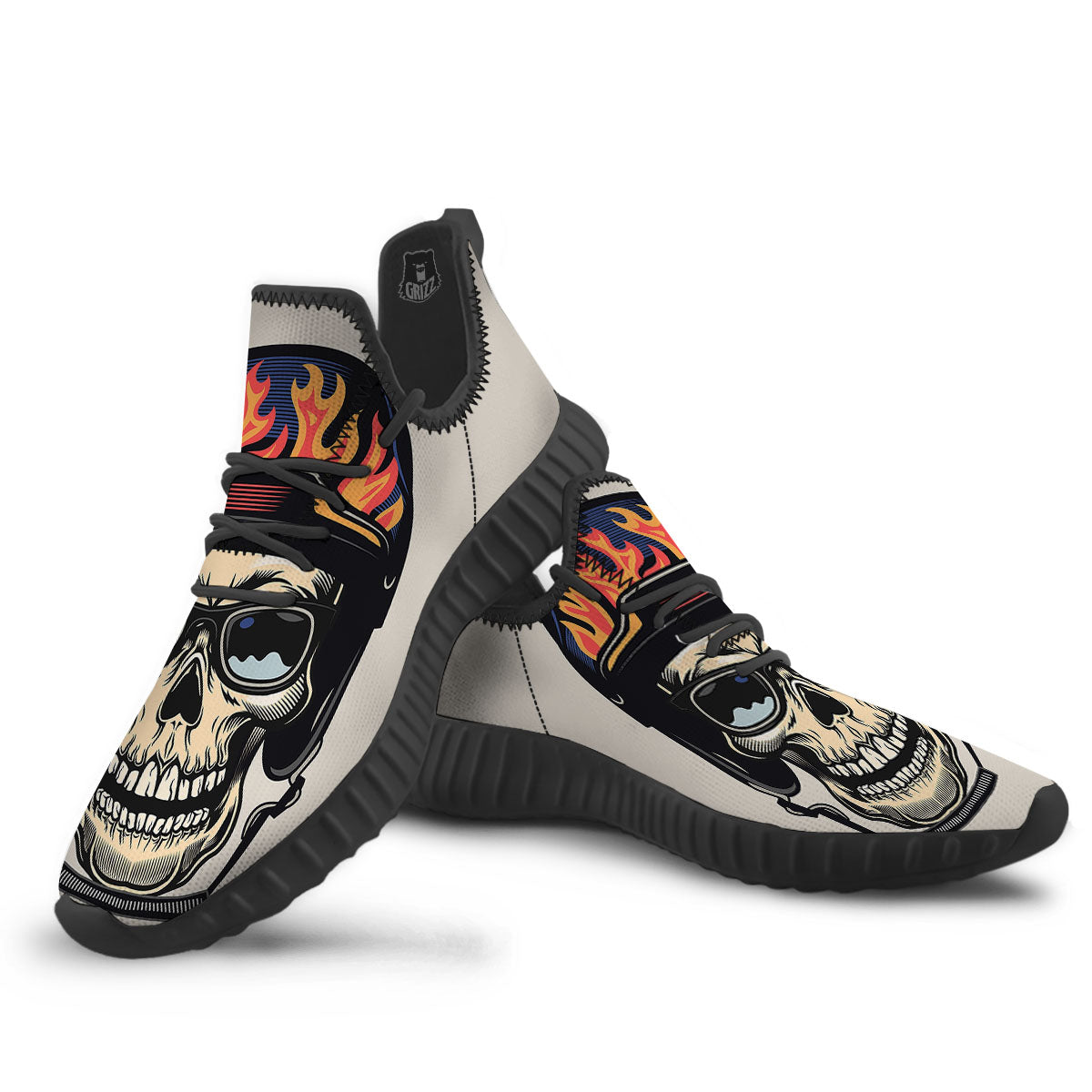 Skull Biker Helmet Vintage Print Black Walking Shoes-grizzshop